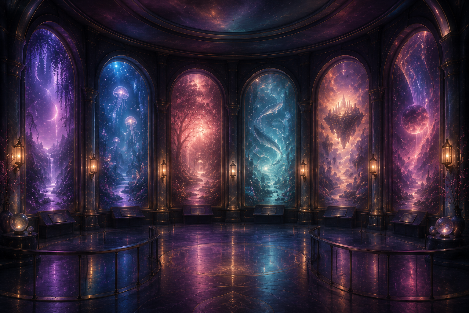 A jewel-toned dream gallery with luminous murals along its walls