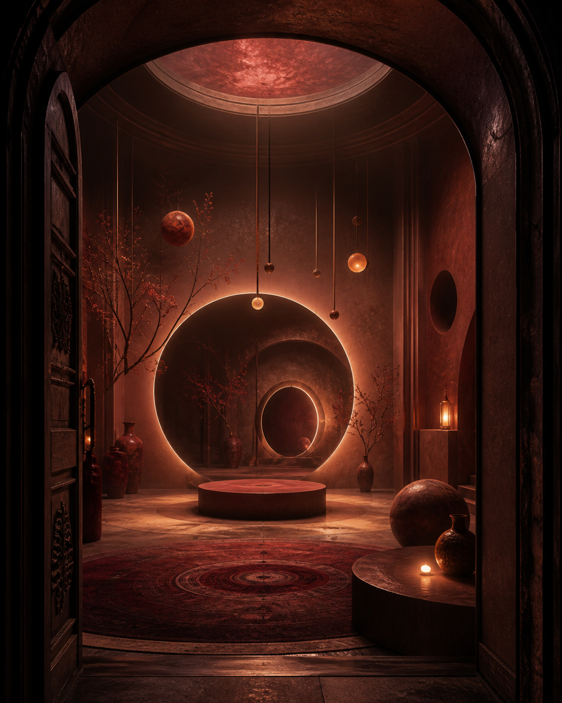 A circular warm-lit chamber with hanging spheres